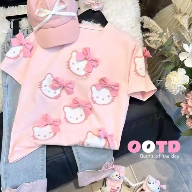 Sanrio Girls T-Shirt Pure Cotton Short-Sleeved Three-Dimensional Bow Summer Half-Sleeved Cartoon Hello Kitty Children Clothing