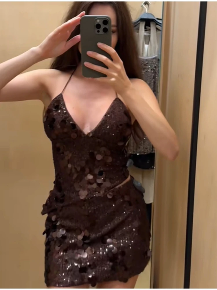 

Trendy Shining Short Skirt For Women Sexy Deep V Off-shoulder Backless Slim Straps Mini Dress New Lady Hot Party Club Outfits