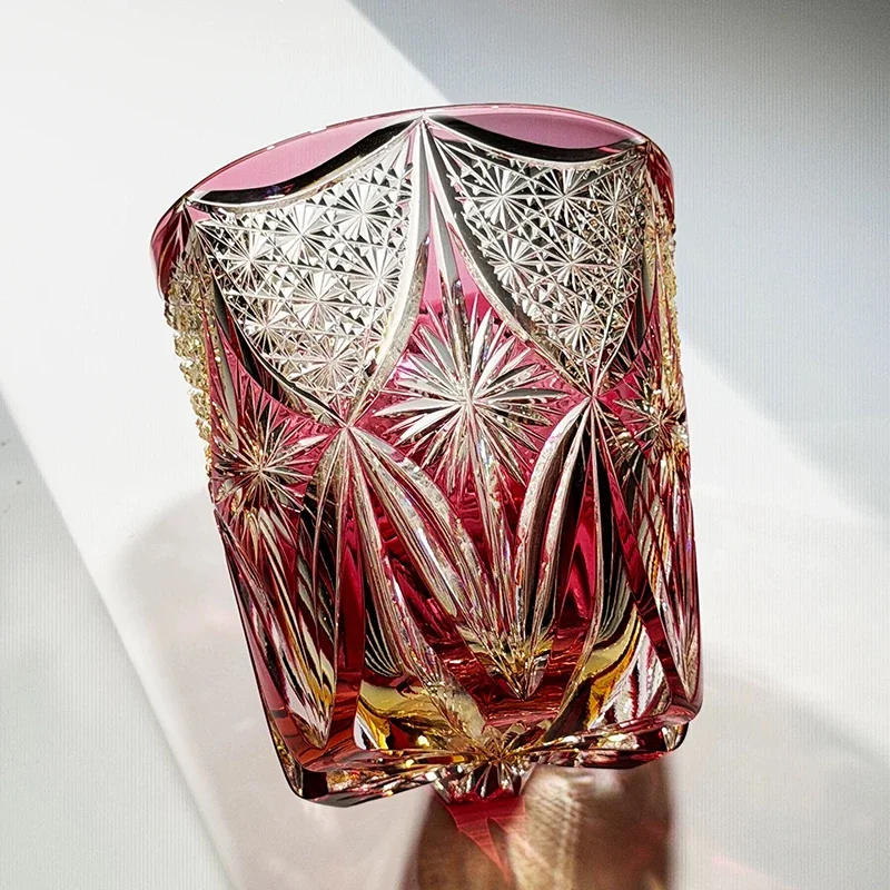 Gold Pink 320ml Whiskey Glass Hand Carved Chrysanthemum Star Pattern Edo Kiriko Japanese Crystal Tumbler Gift for Her