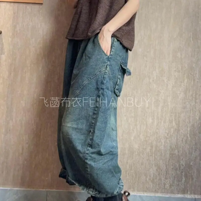 New Arrival Autumn Arts Style Women Elastic Waist Cotton Denim Harem Pants Vintage Blue Thicken Warm Loose Jeans High Quality