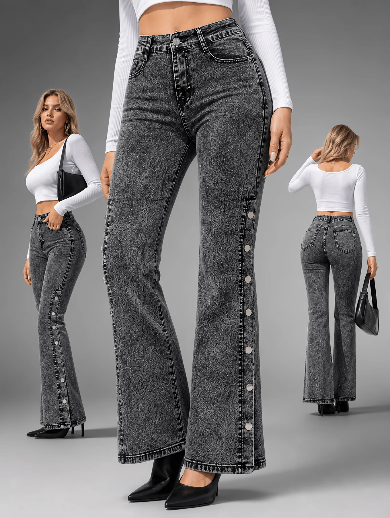 Classic and retro stretch flared jeans for women, with a mid-waist side slit and multi-button design, slimming and lifting the buttocks, elegant and fashionable, versatile, perfect holiday gift, new autumn jeans for wo