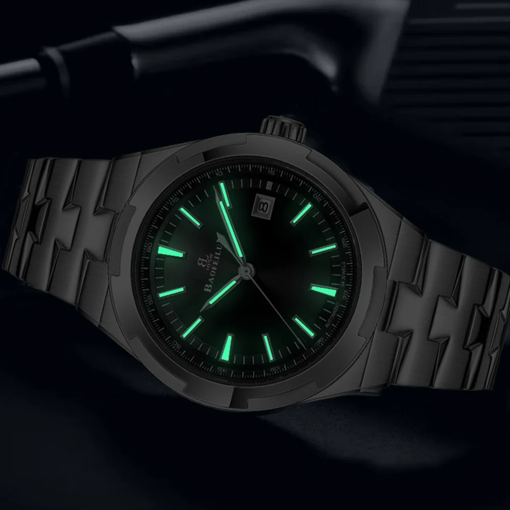 ساعة يد ميكانيكية أوتوماتيكية للزوجين من BAOFEILUN مصنوعة من الفولاذ المقاوم للصدأ وكريستال الياقوت وعرض التاريخ 50 متر مقاومة للماء هدية فاخرة