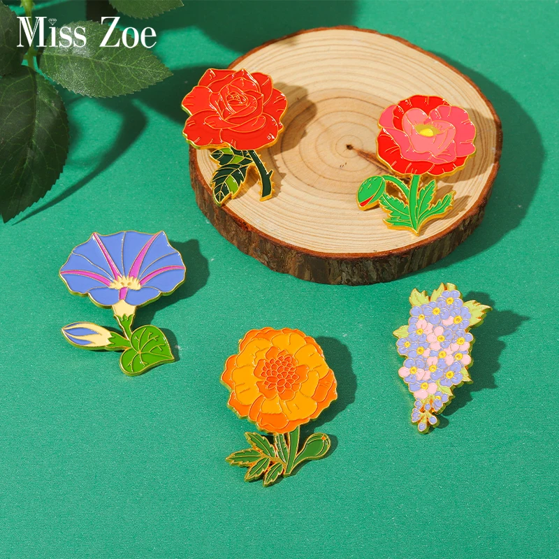 Back Garden Enamel Pins Custom Rose Violet Brooches Stamens Lapel Badges Plant Blossom Jewelry Gift for Kids Friends