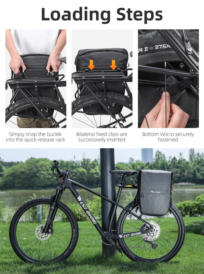 WEST BIKING Wasserdichte Fahrradtasche 17-29L Große Kapazität Fahrrad-Gepäckträgertasche Langstrecken-Reisetasche MTB Rennrad Zubehör – Detail 17