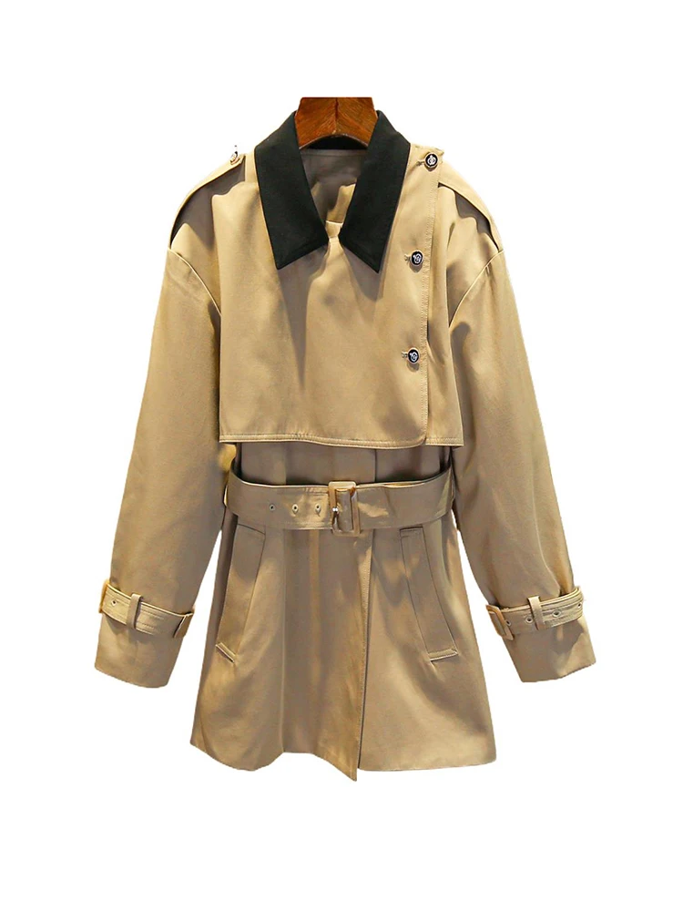 

Miumem Luxury European Sle Women's Coat Khaki Color Collar Belted Small Fraance Windbreaker Vintage Loose Fit Long Sve