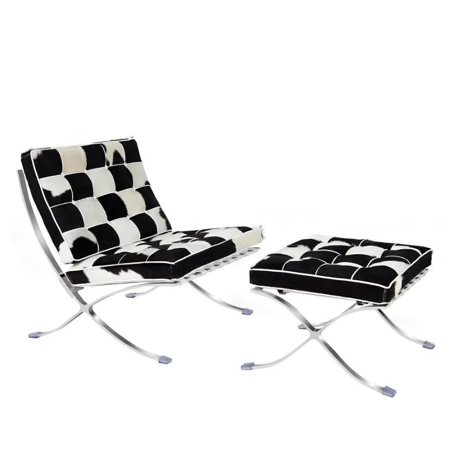 Mid-century Horse Fur Leather Lounge Chair Club Seat Chair Foldable high-end accent Chair ottoman