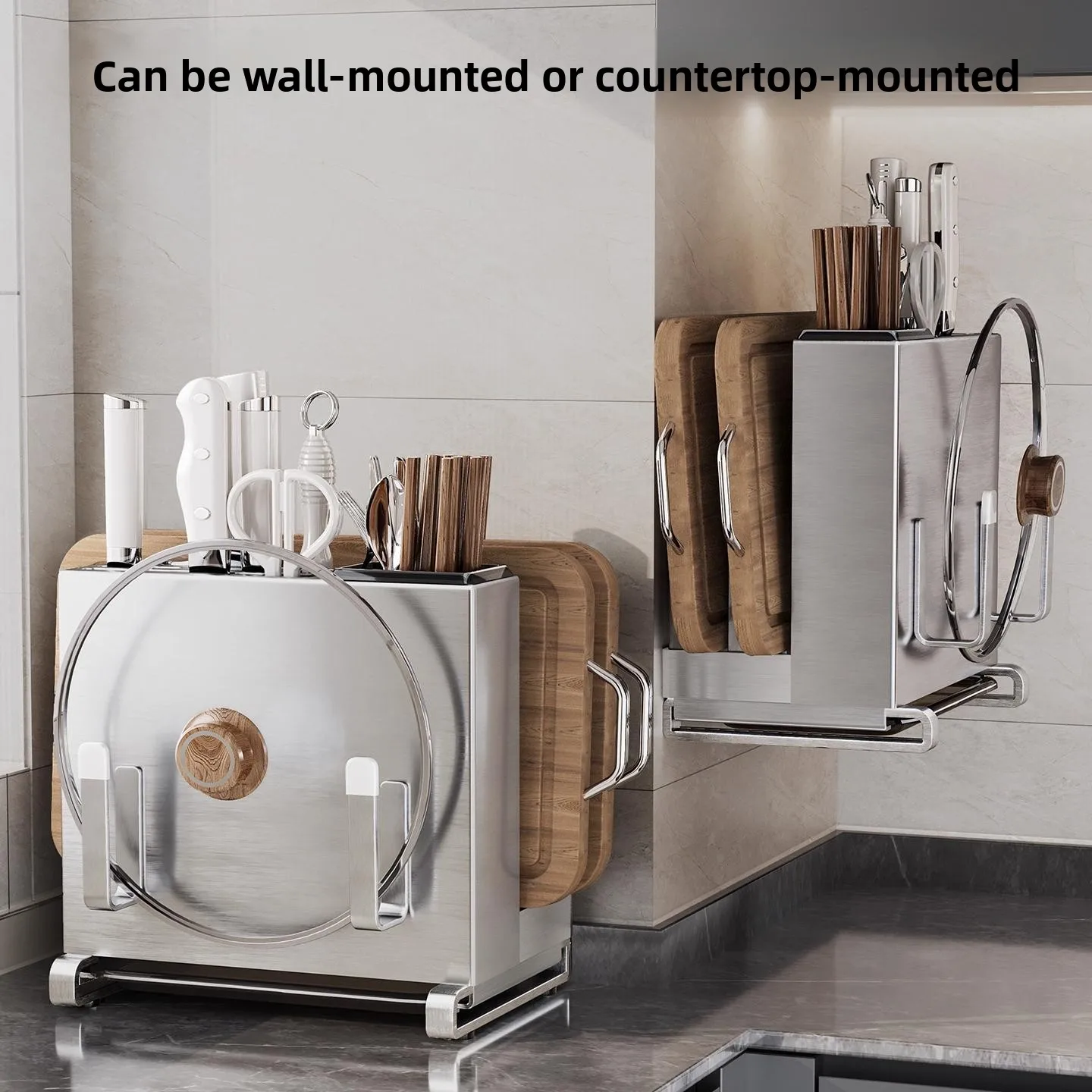 Stainless Steel Kitchen Knife Cutting Board Organizer Utensil Sections Drain Tray Countertop Or No-Drill Wall-Mounted Storage