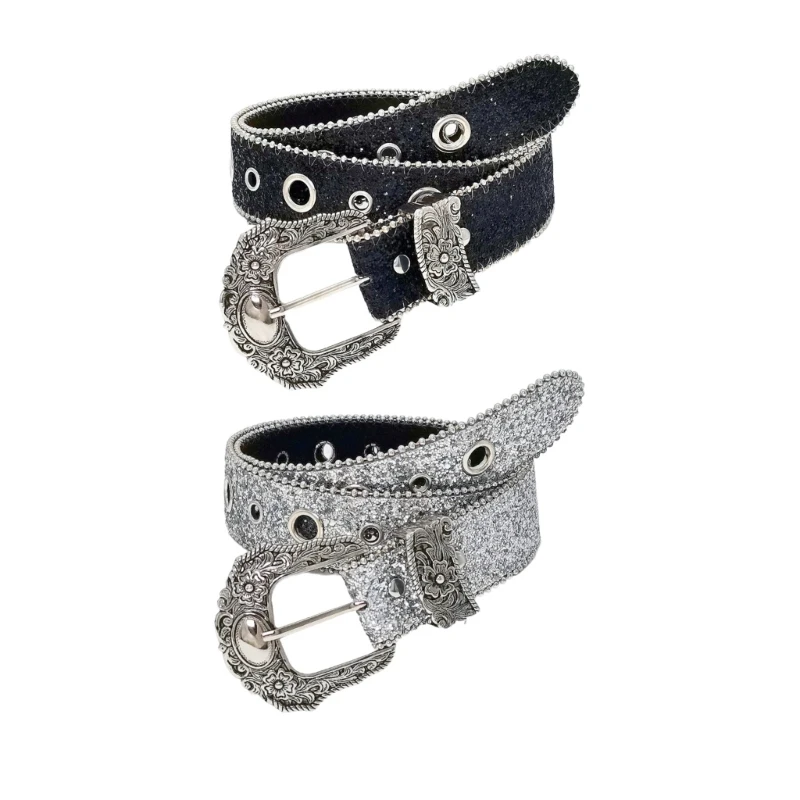 

Large Eyelet Sequined Belt for Jeans Bead Trim PU Leather Belt Subculture Pants Belt Elegant Girl Clothing Waist Decors