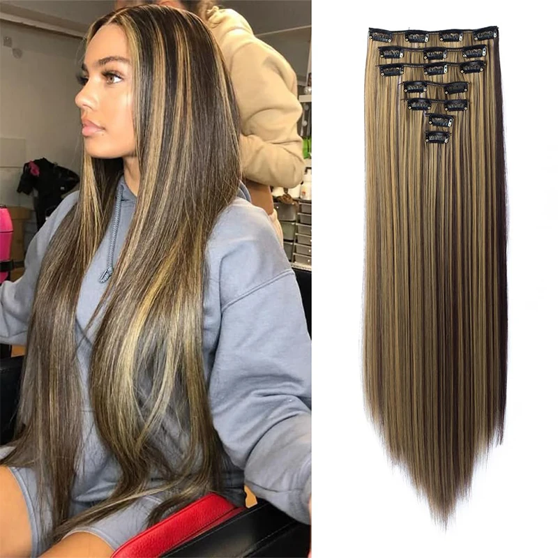 Long Straight Hairpiece 24'' Clip Hair Piece Extensions Synthetic Natural Heat Resistant Fiber Hairpieces for Women's Hairstyle