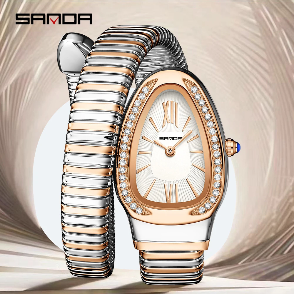 SANDA 1151, reloj de cuarzo a la moda para mujer, reloj de mujer de gama alta con incrustaciones de diamantes serpentinos, reloj de cuarzo de lujo ligero Retro para mujer
