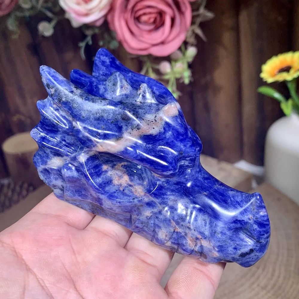 Atemberaubend! Handgefertigte Sodalith-Drachenschädel-Skulptur, Blaue Steinfigur, Kunstvoll Geschnitzter Drachenkopf