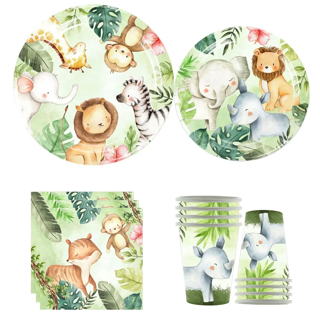 

Cartoon Forest Animals Disposable Tableware Jungle Safari Elephant Giraffe Monkey Lion Plate Wild Baby Kids Happy Birthday Decor