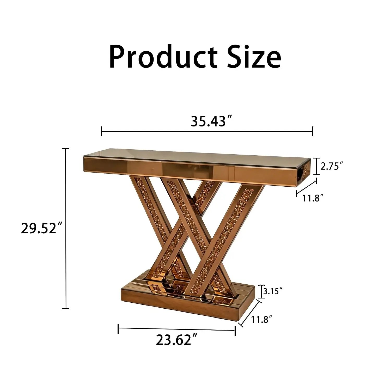 W-Shape Mirrored Console Table With Crushed Diamond Inlay, 35.4