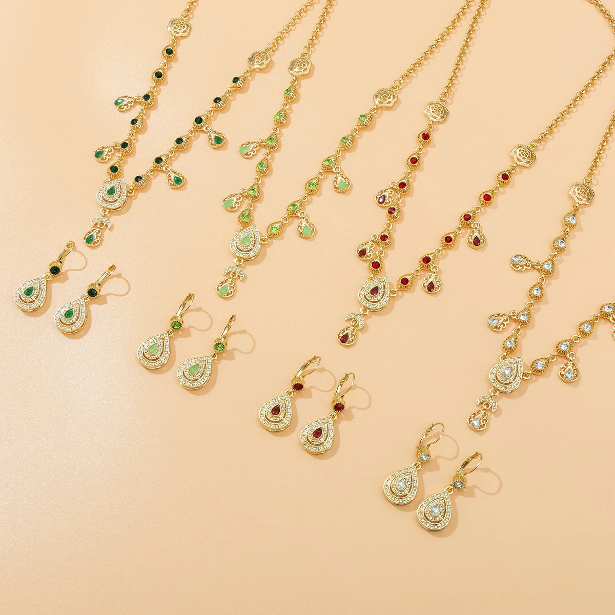 Dubai Luxury Golden Plated Jewelry Set Teardrop Gemstone Necklace Earrings Traditional Arabic Bridal Wedding Accessory