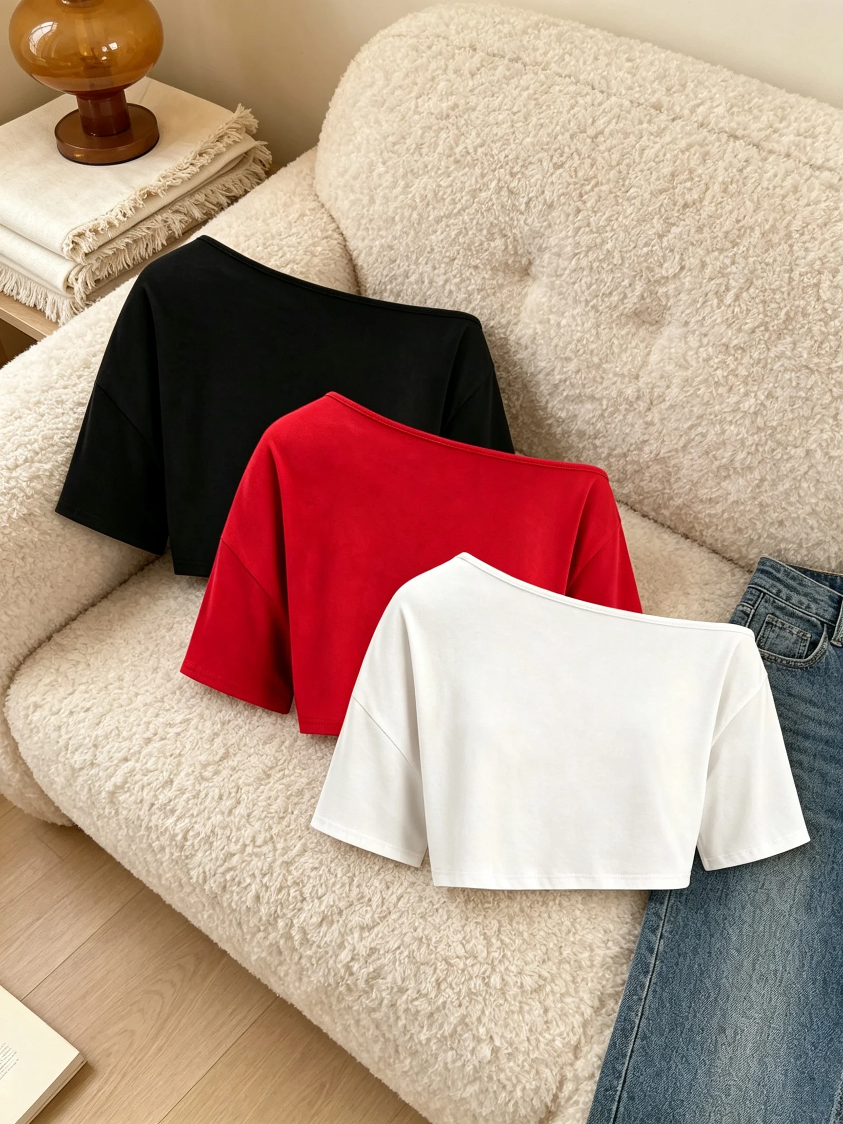 3 Pack Women Off Shoulder Short Sleeve Crop Top Loose Fit Oversized Y2K Sexy Casual Street Basic T-shirt Tee