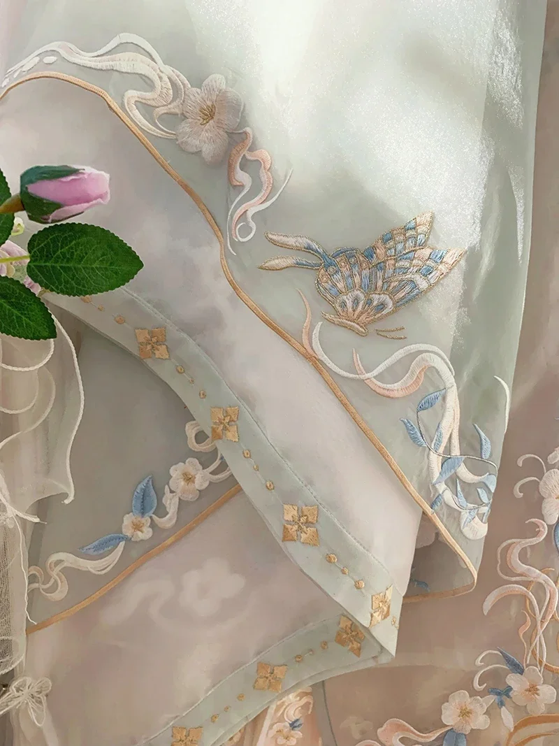 فستان Hanfu الصيني للنساء ، تطريز تقليدي ، تأثيري ، مقاس كبير ، أخضر ، الصيف ، 4 طقم ملابس