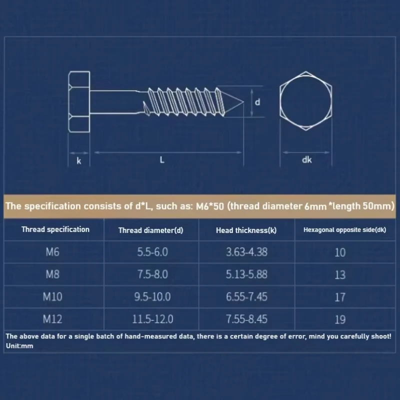 M6 M8 M10 M12 316 tornillo autorroscante hexagonal exterior de acero inoxidable tornillo de carpintería longitud 30mm-200mm