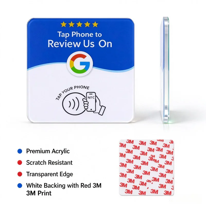 Google Review NTAG215 Acrylic NFC Table Sign 13.56MHz Tap To Review 1.8mm 3M Adhesive Dynamic QR Code