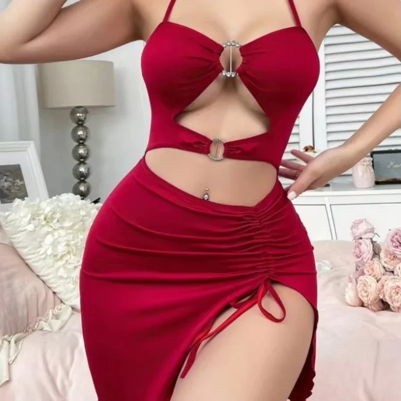 Pure Desire-vestido Sexy con tirantes y cuello en V para mujer, falda corta envuelta en la cadera, sin espalda, única, elegante, de verano