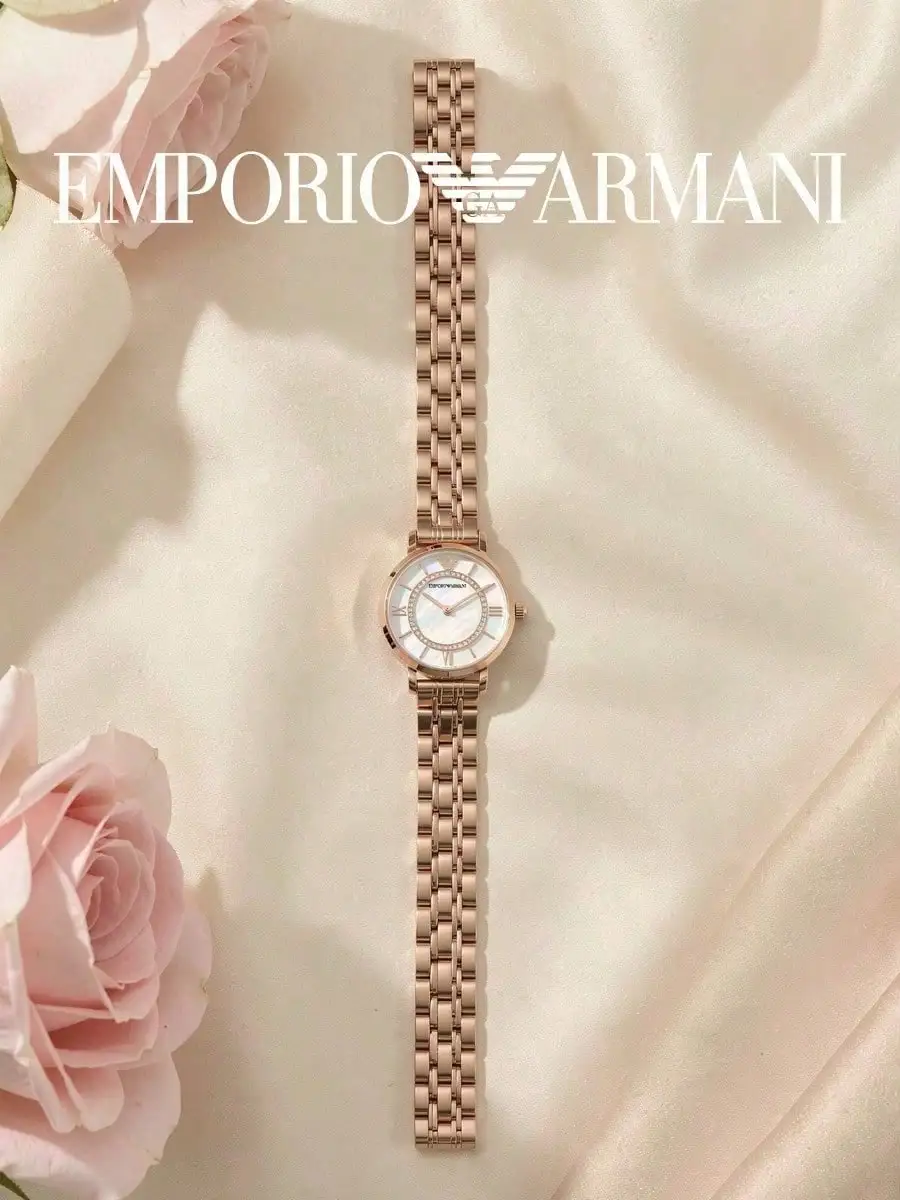 Emporio Armani  Ladies Quartz Watch, Rose Gold Steel Bracelet, MOP Crystal Dial, Roman Markers,  Waterproof Fashion Wristwatch