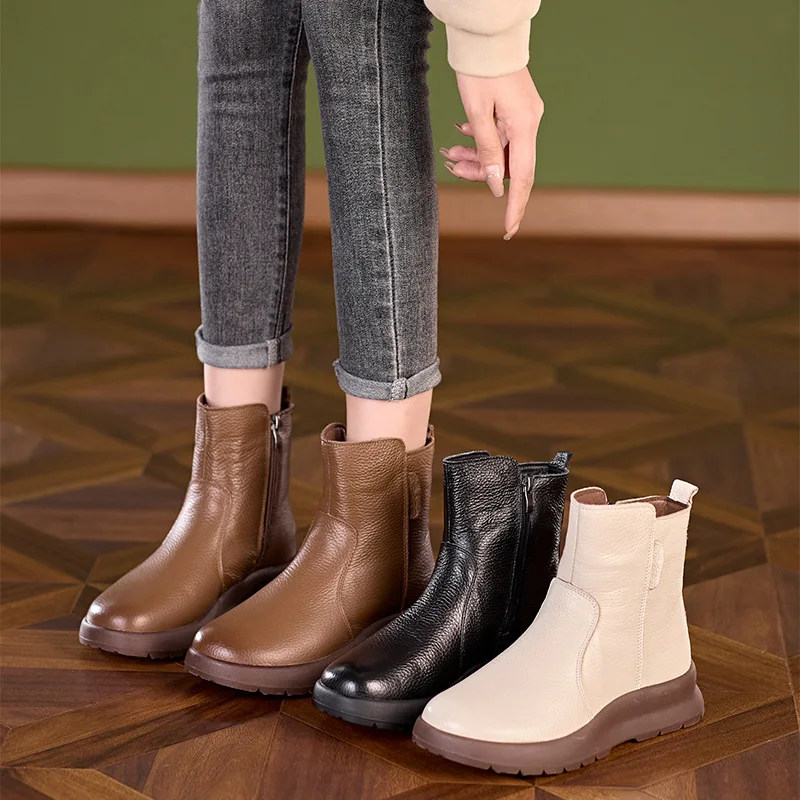 

2025 Winter New Warm Cotton Boots Women Genuine Leather Cotton Shoes Thick Platform Thick Fleece Lined Casual Ankle Boots
