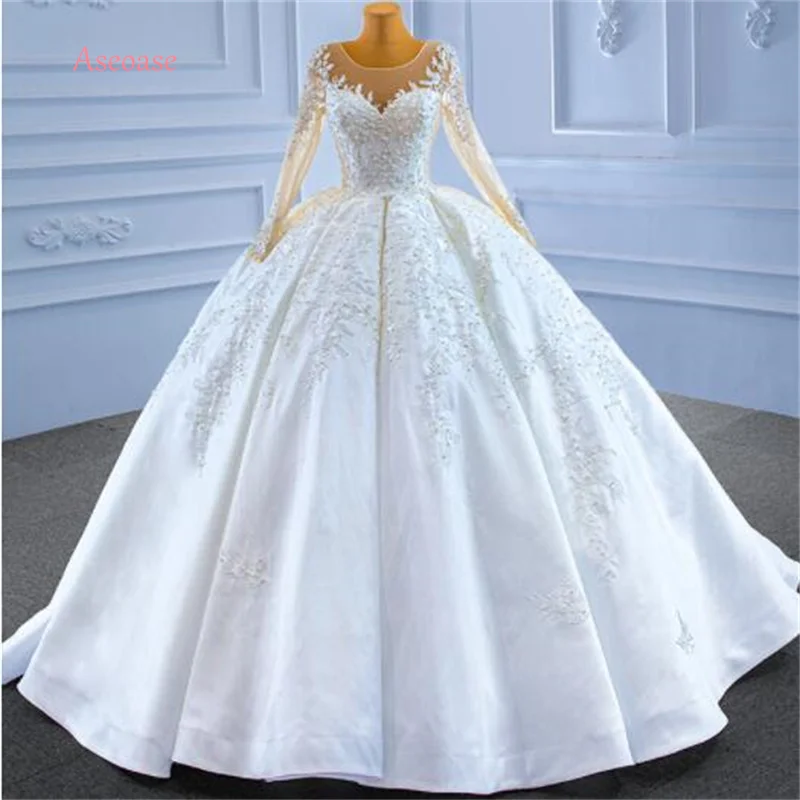 

Aseoase Real Photo Muslim Wedding Dresses Ball Gown Long Sleeves Appliques Pearls Dubai Arabic Wedding Gown Bridal Dresses