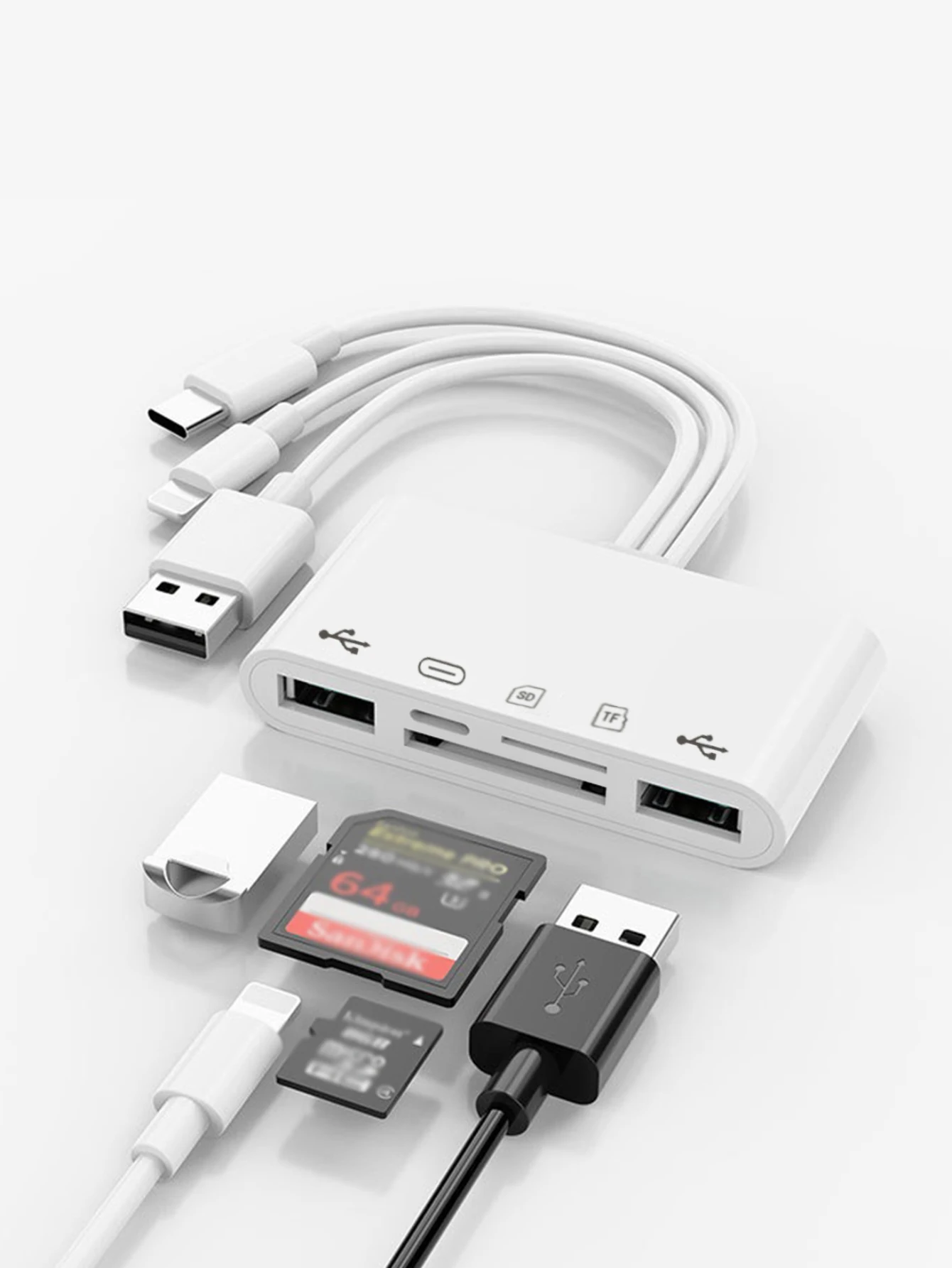 Three-wire 5-in-1 card reader, multi-function OTG converter, high-speed transmission, compatible with Iphone/Android/ipad