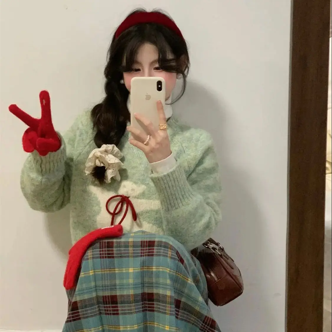 

Christmas Style Suit Knitted Long-Sleeved Forest Girl Style Casual Pullover 2024 Winter Women Cute Sweater Sweet Round Neck Bow