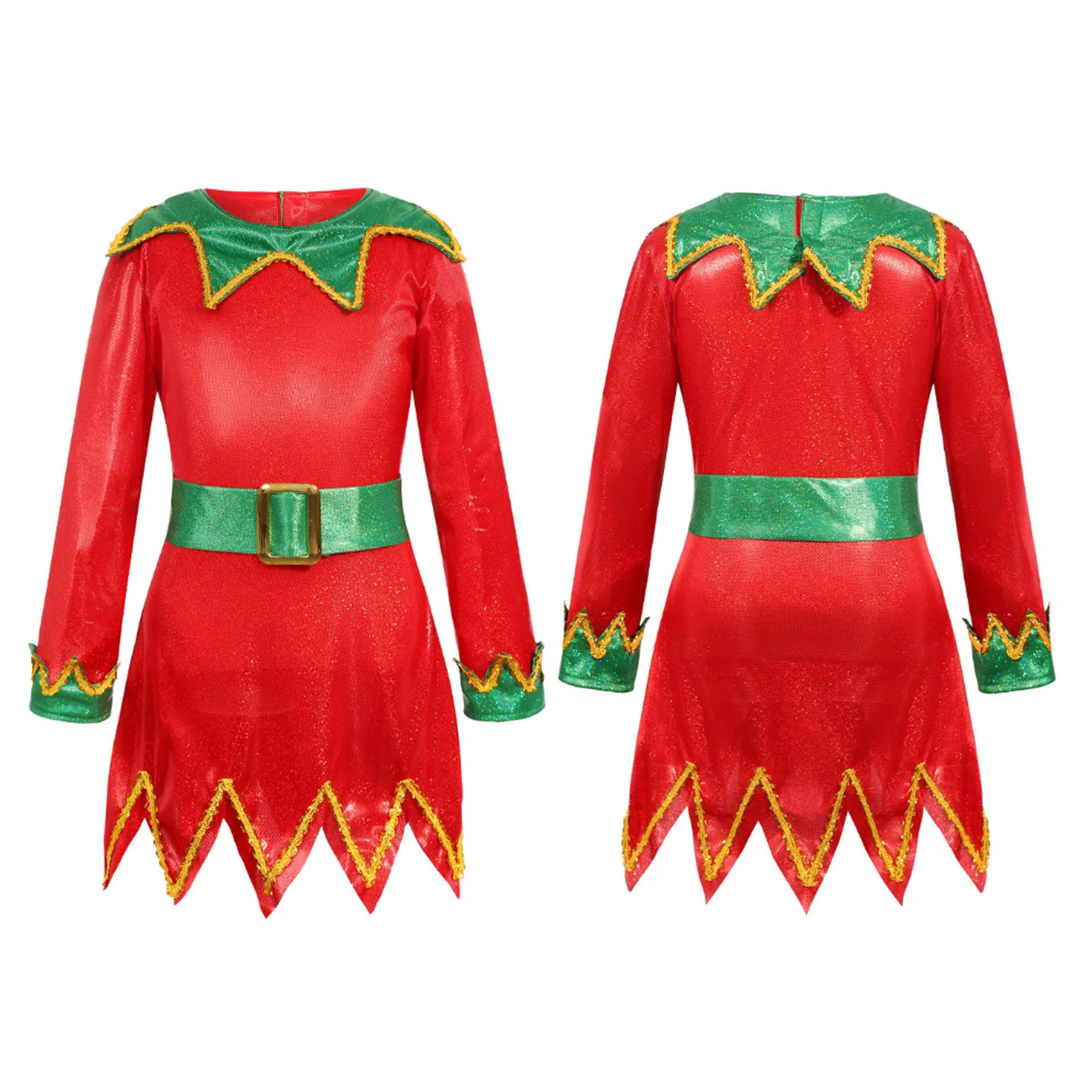 Girls Elf Christmas Costume Fancy Dress Up Outfit Long Sleeve Zipper Jagged Hem Dress Xmas Hat Stripe Socking And Shoes Set #6