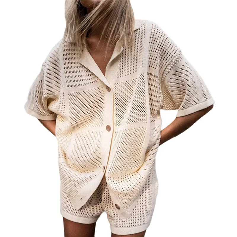 CYL-Damskie komplety dwuczęściowe, dzianinowa bluzka zapinana na guziki, szydełkowe szorty, codzienne letnie stroje