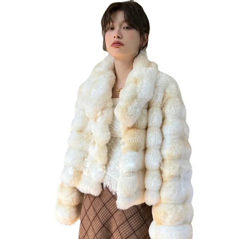 Fashion Tie-dye Gradual Change Fur Coat Women Lapel Fur Coat Winter Horn Buckle Plush Coat for Women