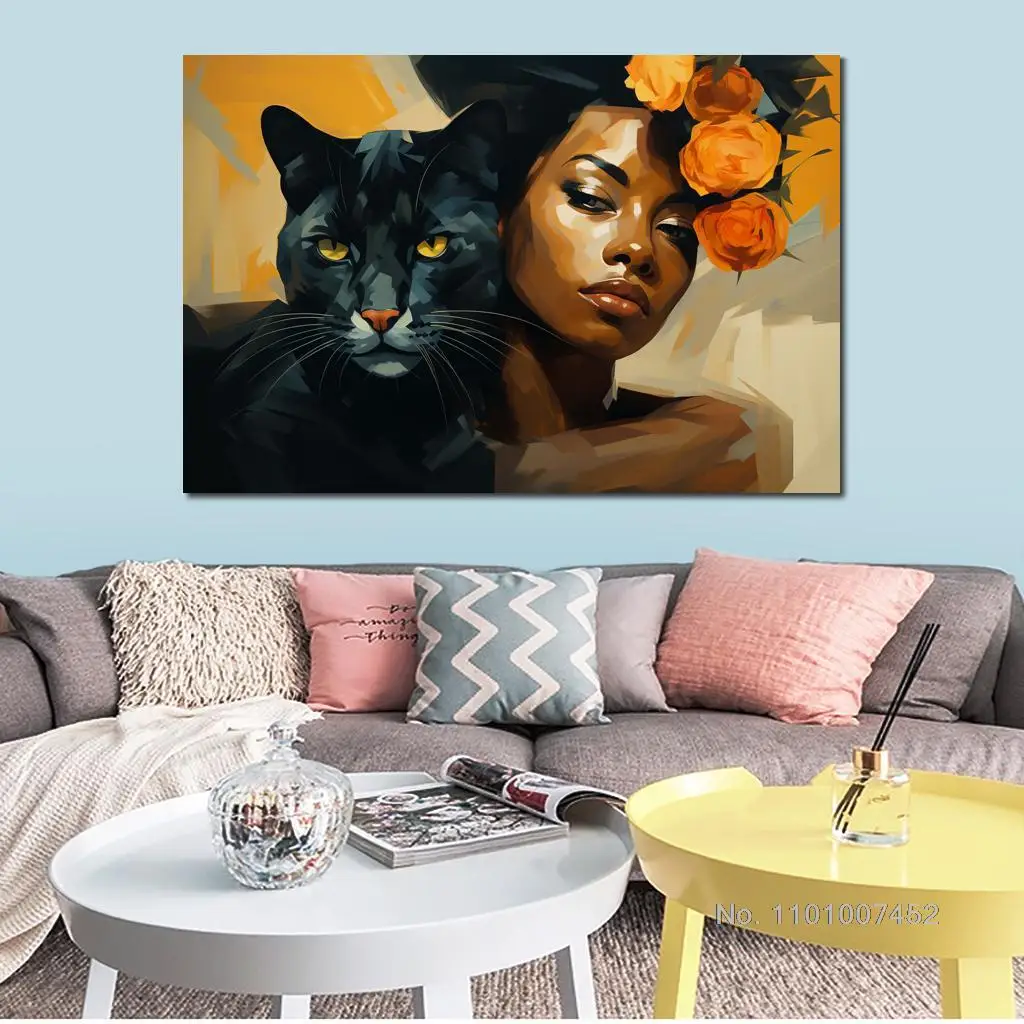 Animal Cat Canvas Poster Photo Print Black Woman with Feline Picture Painting for Office Room Wall Decor