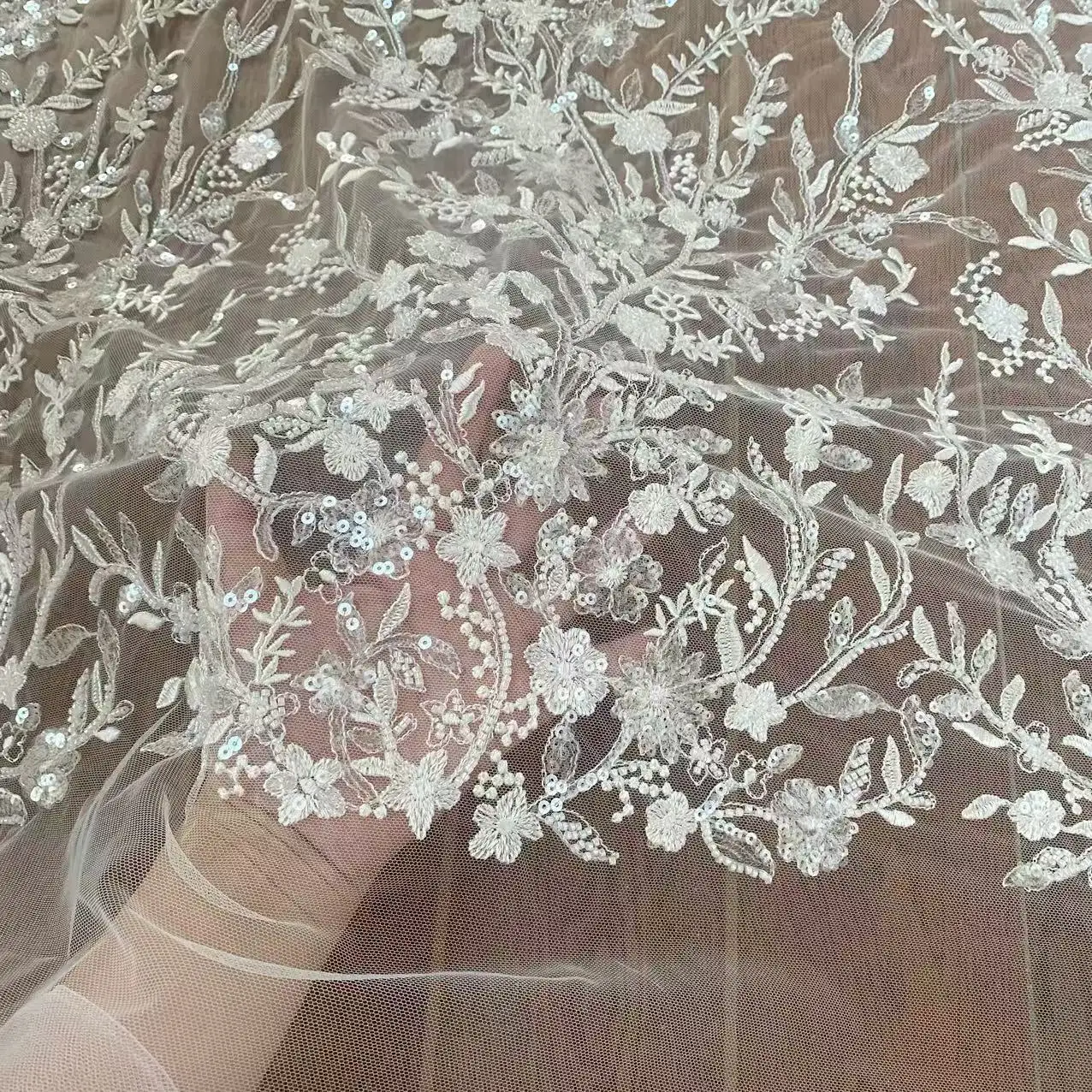 Nicelace-Sequins and Beads Embroidery Lace Fabric, Soft Tulle, Bridal Wedding Gowns, Garments, Good Quality, Width 130, 1Yard