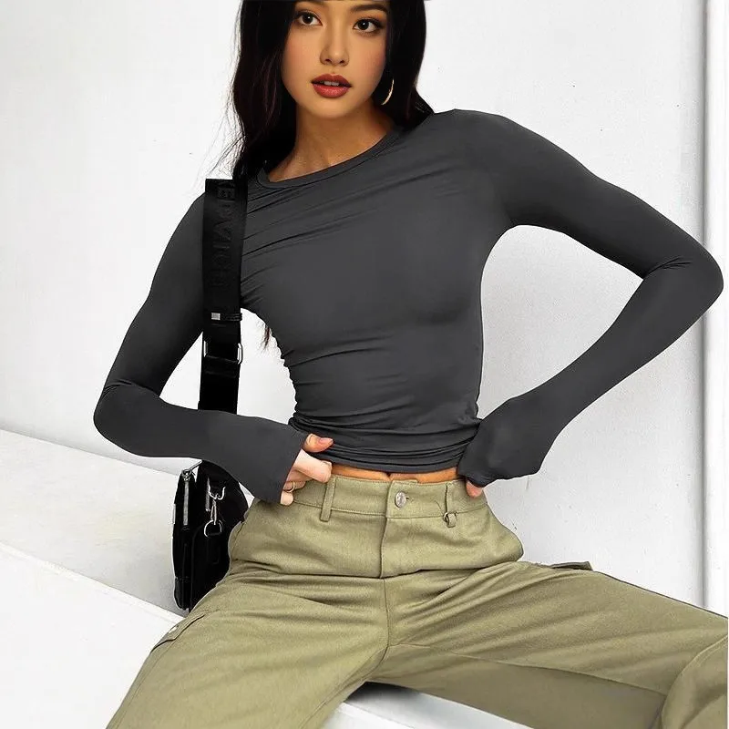 تي شيرت نسائي غير رسمي موديل 2026 بأكمام طويلة ورقبة دائرية تي شيرت علوي لربيع وخريف بلون سادة مع ملابس الشارع #2