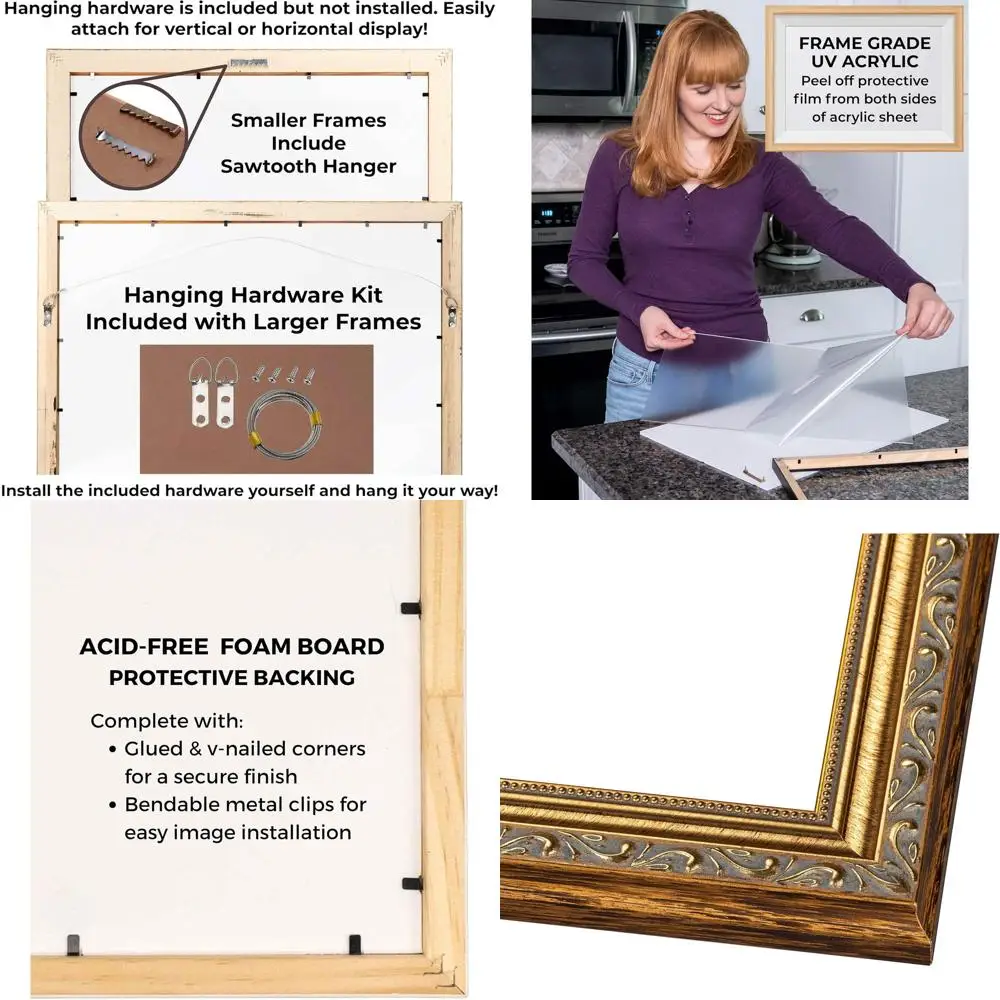 

A3 11.7x16.5 Antique Gold Picture Frame - UV Acrylic, Foam Backing, Hanging Kit