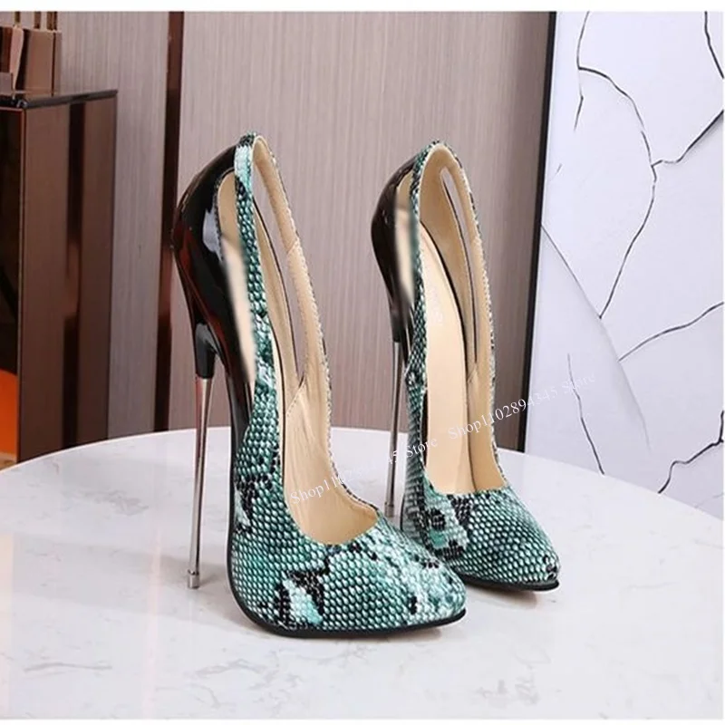 

Snakeskin Patchwork Slip On Pumps Pointed Toe Shallow Thin High Heel Cool Fashionable Sexy Big Size Woman Shoes Zapatillas Mujer