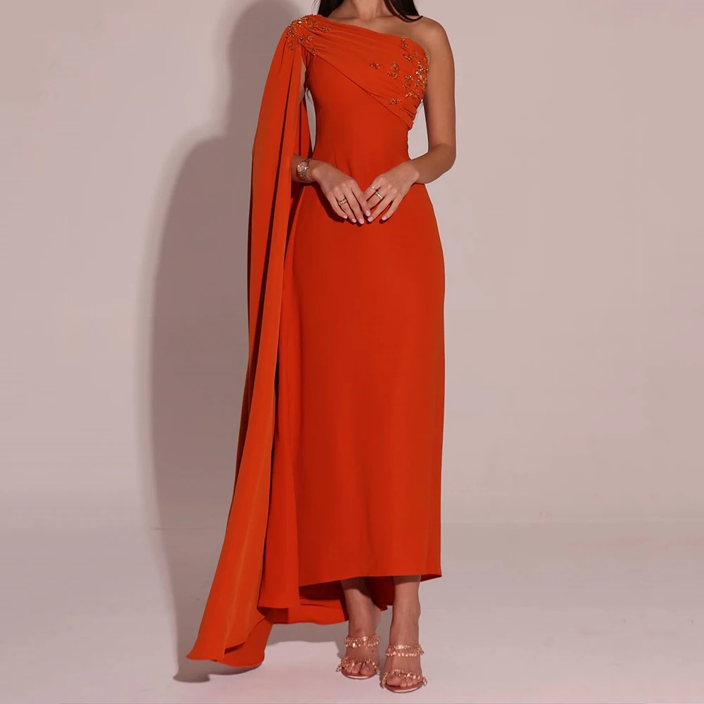 

Customized A-line Evening Dresses Floor-length One-shoulder Full Sleeve Prom Gown Fashion Sequined Stple Draped Party Gown