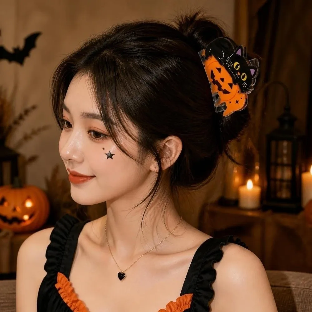 Cute Animal Halloween Hair Claw Non Slip Lightweight Pumpkin Shark Clip Bright Color Durable Spring Black Cat Hair Claw