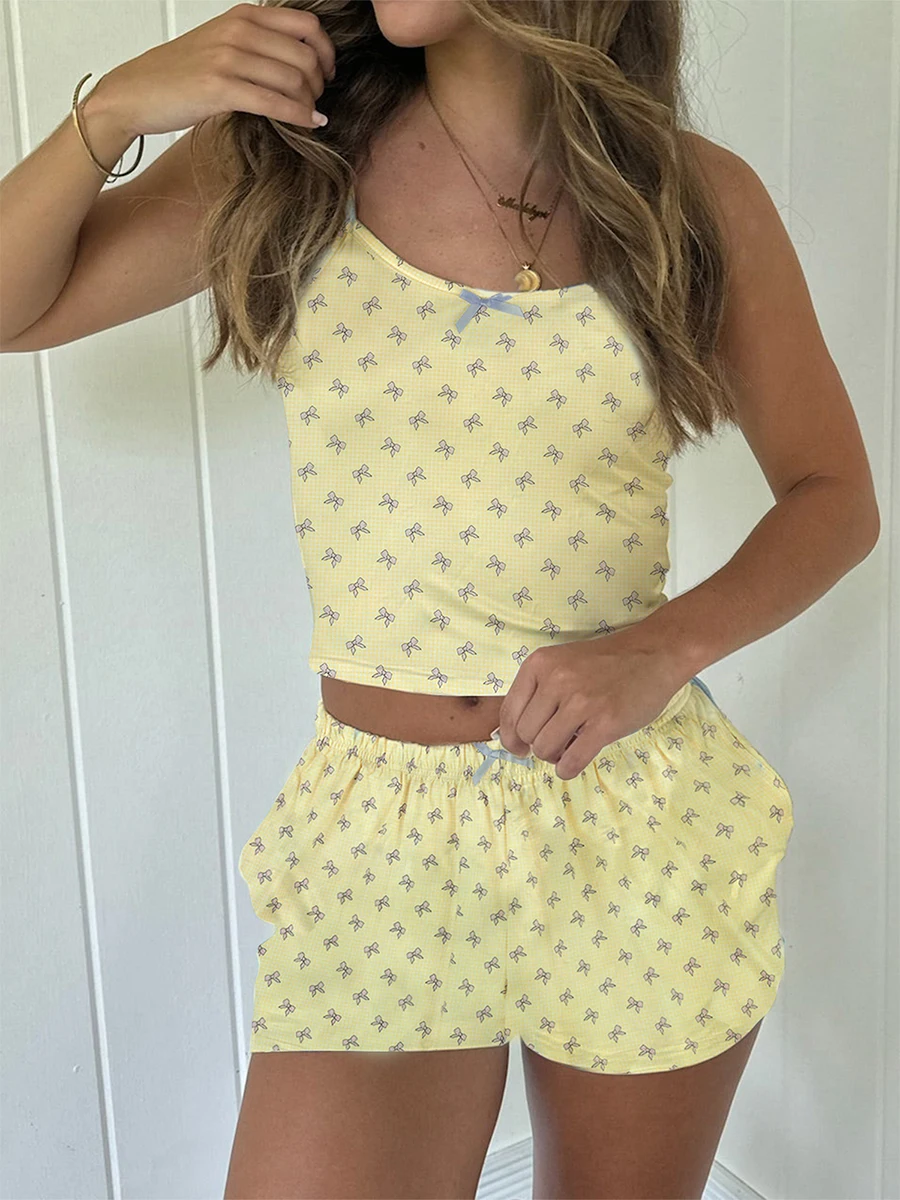 Conjunto de pijama feminino com estampa de laço, camisola sem mangas com shorts, roupa de dormir
