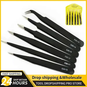 Bilashmart 2/6 Precision Tweezers Set ESD Anti Static Stainless Steel Tweezers Repair Tools Electronics Repair Soldering Craft Tools