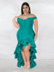 Off Shoulder Party Dresses Plus Size Green High Waist Ruffles Irregular Evenin Outfits Plus Size Backless Curvy Women Gowns 4XL