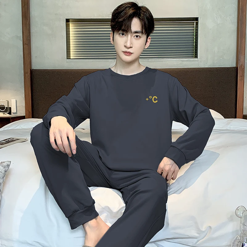 

Мужской пижамный комплект размера плюс L-4XL, весенне-осенний мужской повседневный пижамный комплект из 100% хлопка с длинными рукавами