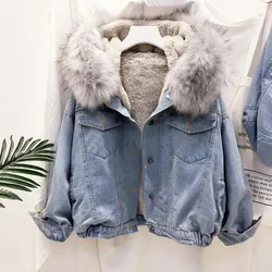 Hooded Denim Coats Pockets Single Breasted Jacket 2024 Autumn Winter Outerwear Thick Warm Comfortable Women Casual Overcoat