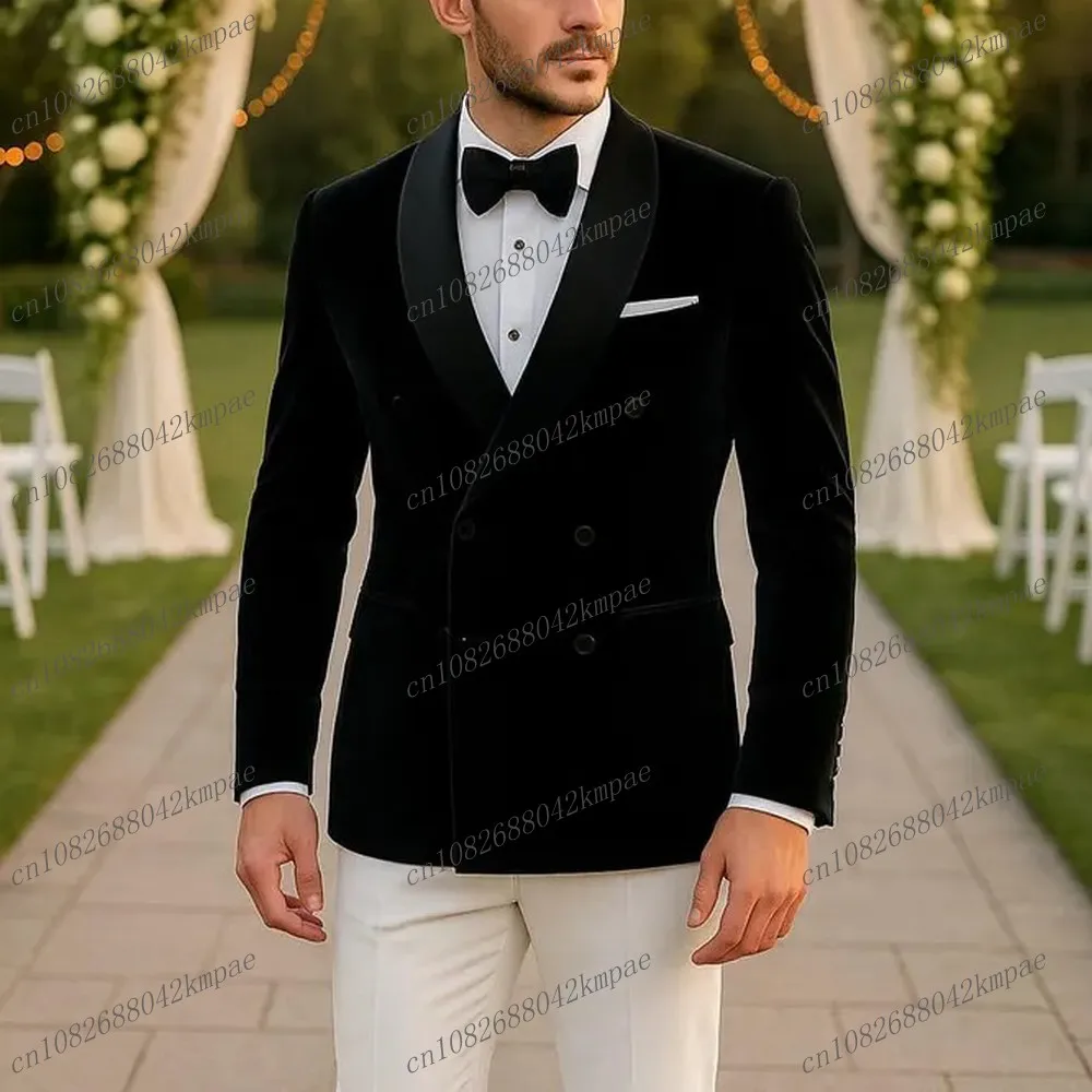 

Новый черный бархат и белый мужской деловой костюм для жениха, жениха, свадебной вечеринки, выпускного вечера, мужской деловой костюм, комплект из 2 предметов, блейзер, брюки