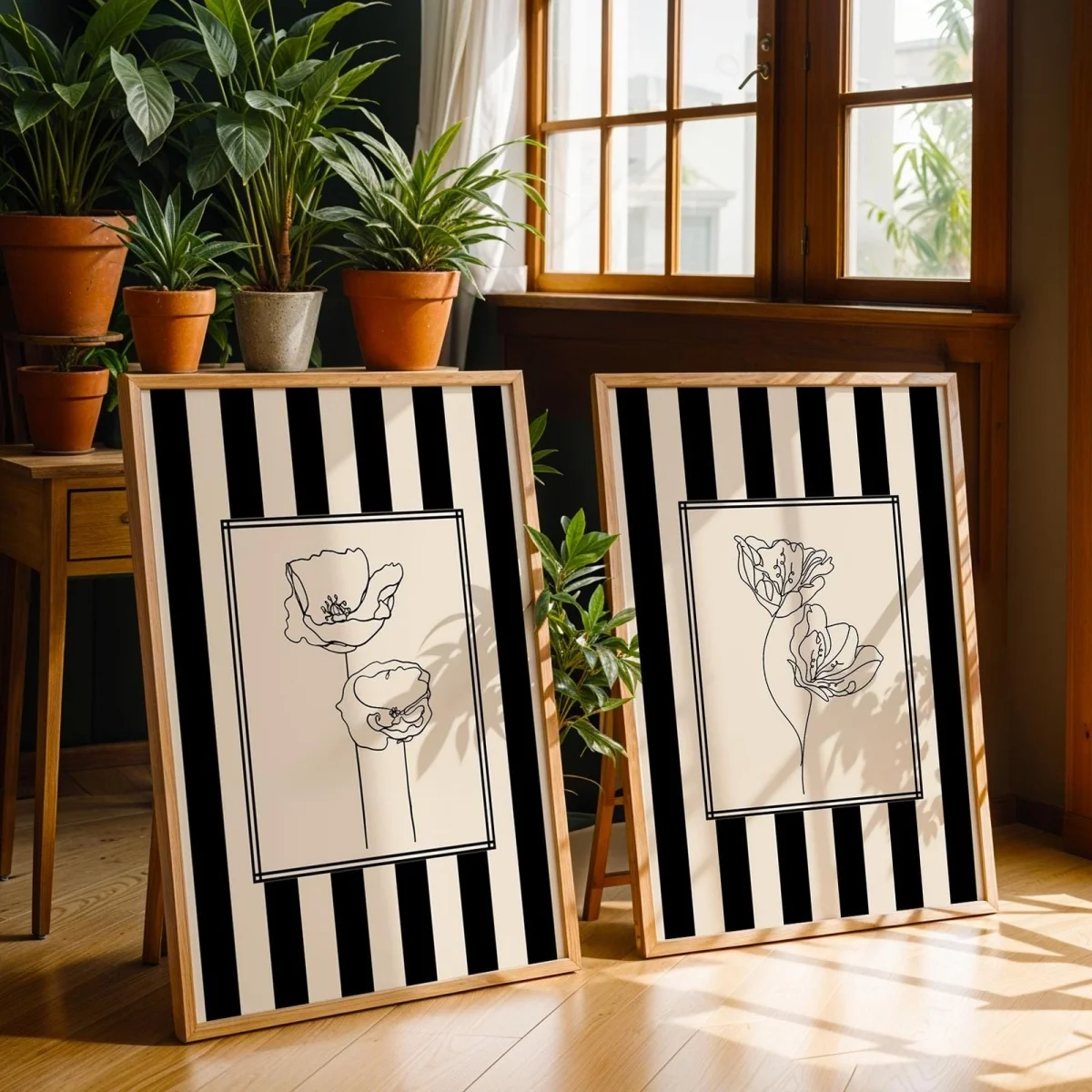 2pcs/set Botanical Flower Line Striped Canvas Prints Poster Modern Cottagecore Floral Prints Bedroom Wall Art Home Decor Poster