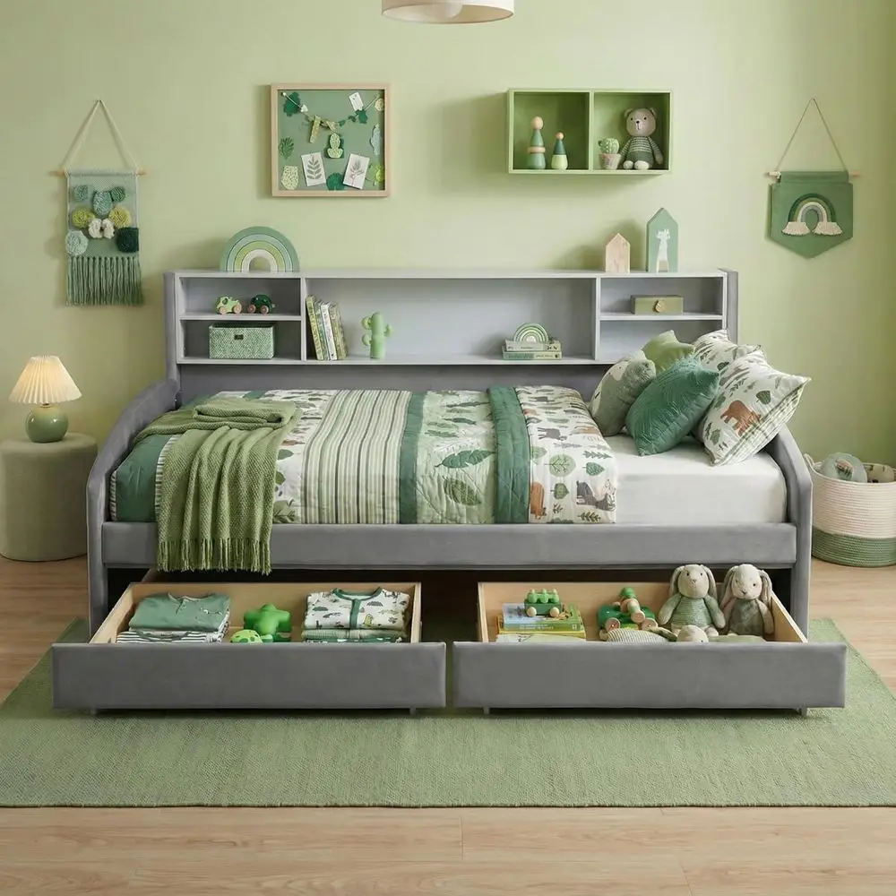 

MeTwin Size Upholstered Platorm Bed with Storage and Ders, Gray