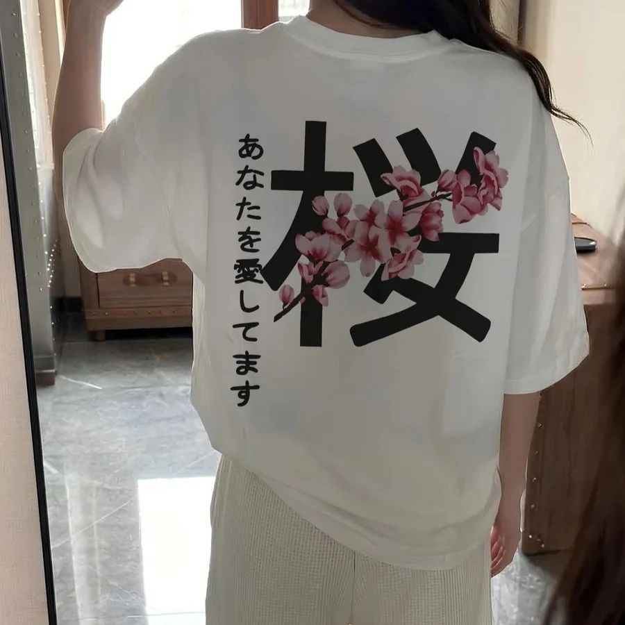 Retro Japanese Sakura Graphic T Shirt Women Kanji Letter Printed Tee Harajuku Aesthetic Loose Oversized Short Sleeve Tops
