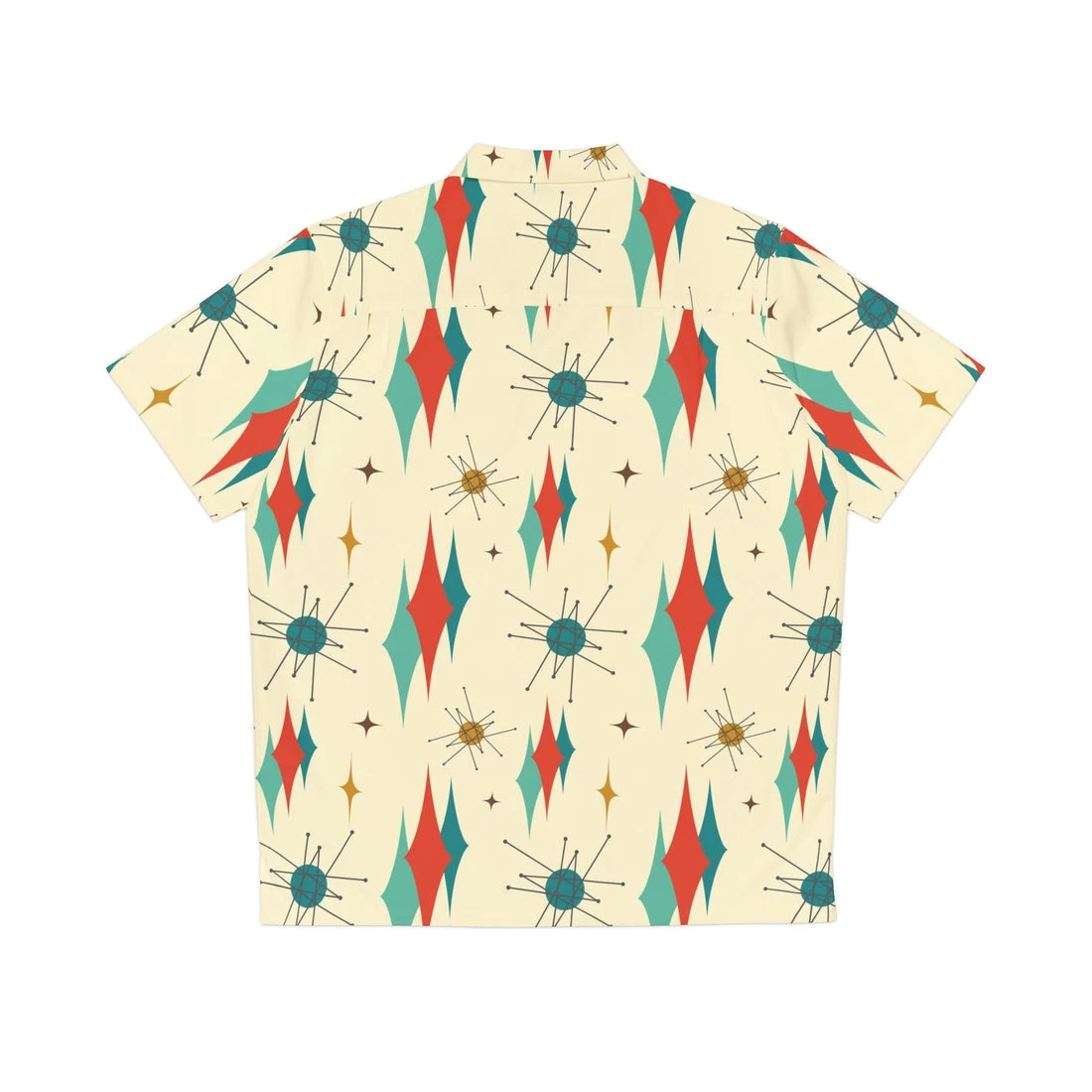 Light Yellow Background, Red Green Retro Diamond Radial Planet Printed Short Sleeved Shirt, Retro Dressing Shirt