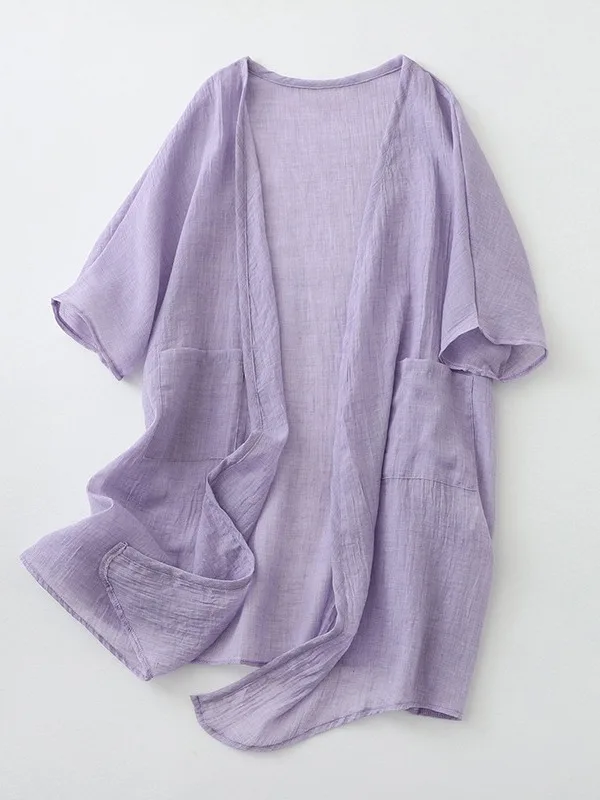 

Women's Linen Mid-Length Thin Open Cardigan awl Sunscreen Outerwear Artistic Commute Pure Color Batwing Sve Loose Fit