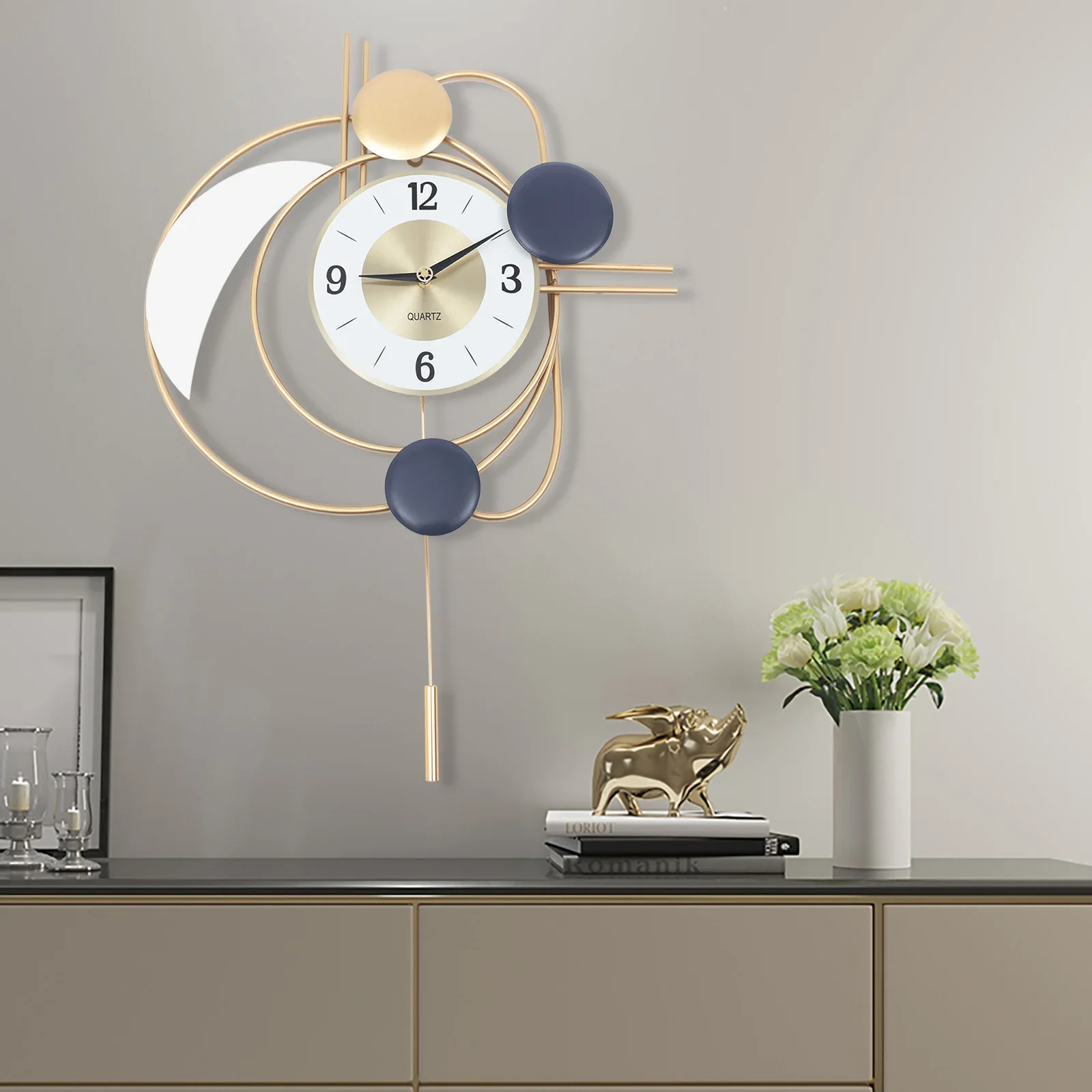 

Large Modern Metal Wall Clocks Luxury Silent Hanging Clock with Swing Pendulum for Kitchen, Living Room, Bedroom, Wall Art Decor